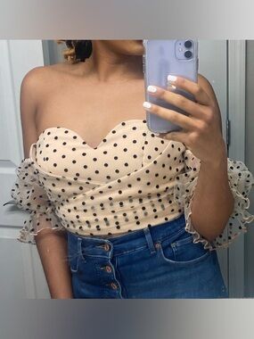 LOVERS + FRIENDS Lovers + Friends Polka Dot Mesh Puff Sleeve Sweetheart Crop Top